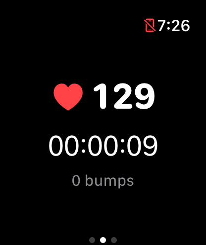 BumpWatch on Apple Watch mid-ride: heart rate, elapsed time, and bump count, with no buttons on screen.