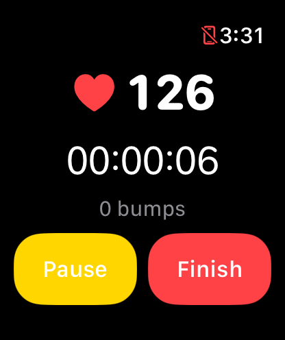 BumpWatch on Apple Watch mid-ride, showing elapsed time, bump count, and live heart rate, with Pause and Finish buttons.