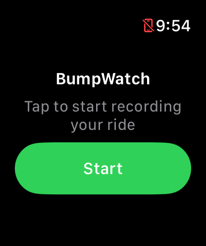 BumpWatch on Apple Watch showing the start screen, with a green Start button and the prompt “Tap to start recording your ride.”