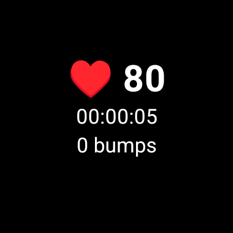 Bike Lane Bumps on a round Wear OS watch mid-ride: heart rate, elapsed time, and bump count.